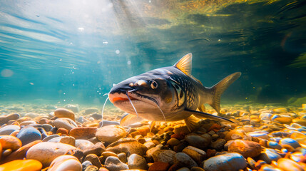 A big catfish are swimming in the lake with a colorful pebbles , and the sunlight reflects a...