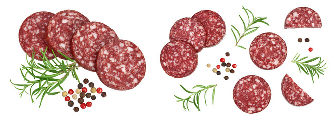 Smoked sausage salami slices isolated on white background with full depth of field. Top view. Flat...