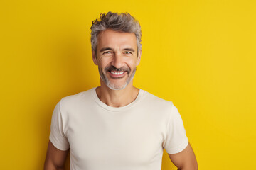 hombre español maduro de 50 años posando sonriente con una camiseta blanca, sobre fondo amarillo - obrazy, fototapety, plakaty