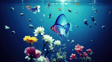 Fototapeta na wymiar beautiful marketing inspired underwater world with a fish and flowers