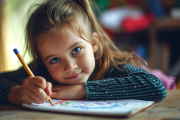 girl draws with pencil in notebook in class at school or kindergarten