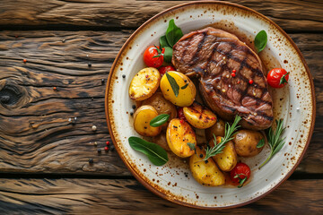 grilled beef steak and potatoes on round plate, top view, wooden tabletop