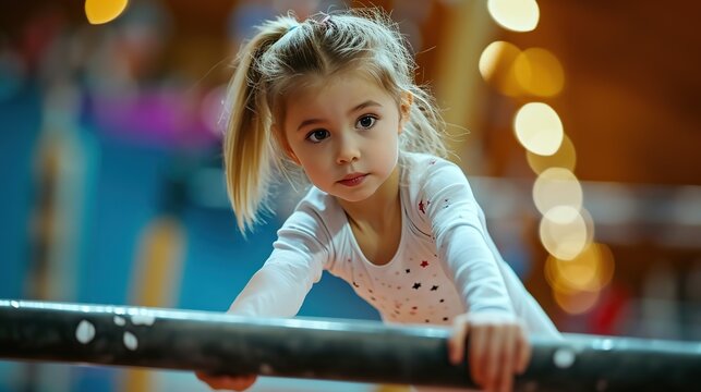 beautiful little girl is engaged in sports gymnastics on a parallel bars at gym. Copy space for text.