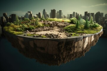 3D Illustration of Earth Land with Grass and Rocks