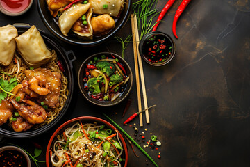 chinese food dark background, noodles, fried rice, dumplings, peking duck, dim sum, spring rolls, top view, dark background