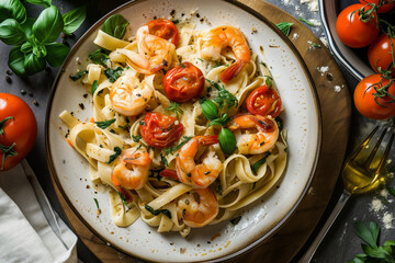 fettuccine pasta with shrimp, tomatoes, herbs, wooden stand, top view