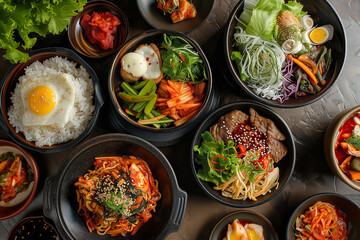 assortment of Korean traditional dishes in bowls, asian food, top view