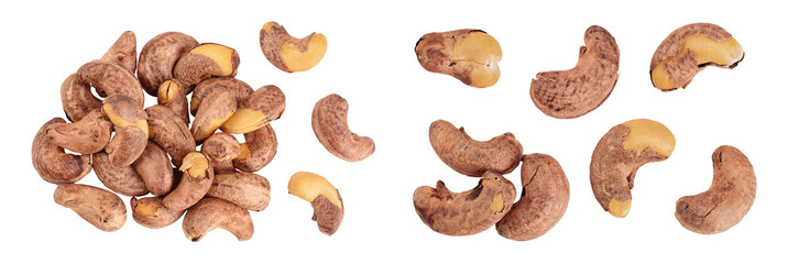 cashew nuts heap with shell isolated on white background. Top view. Flat lay