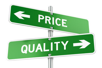 Price or Quality. Opposite traffic sign, 3D rendering isolated on transparent background