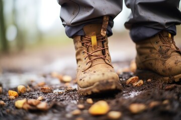 closeup of a truffle hunters muddy boots