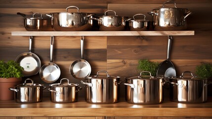 Elegant copper pots and pans displayed on a wooden kitchen wall. - obrazy, fototapety, plakaty