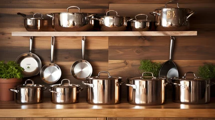 Foto op Plexiglas Elegant copper pots and pans displayed on a wooden kitchen wall. © maniacvector