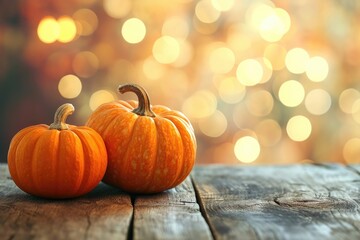 orange pumpkins on a wooden table on a bokeh glowing background copy space