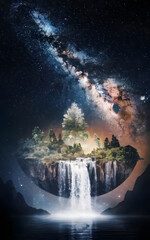 Craft a captivating minimalist dreamscape featuring floating islands amidst gentle waterfalls. AI Generated