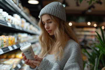 Young woman in knitted hat buying product and reading food label in grocery store