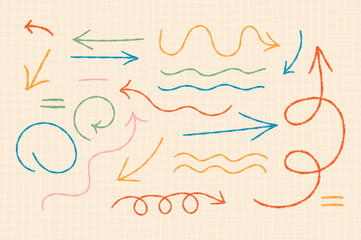 Hand drawn crayon chalk charcoal line arrows set. curvy and wavy arrows isolated on beige grid. squiggles and scribbles strokes. Elements for diagrams. doodle marker