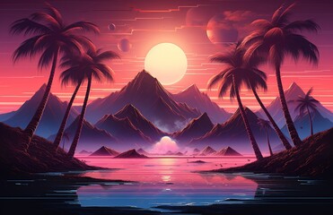 Tropical Beach with Lush Palms and Pink Moonrise
