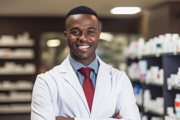 Obraz premium pharmacist man, smiling, in white coat and red tie, against blurred background of shelves with medicines