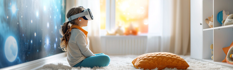 Child in virtual reality googles sitting indoors. Future innovation and knowledges concept. - obrazy, fototapety, plakaty
