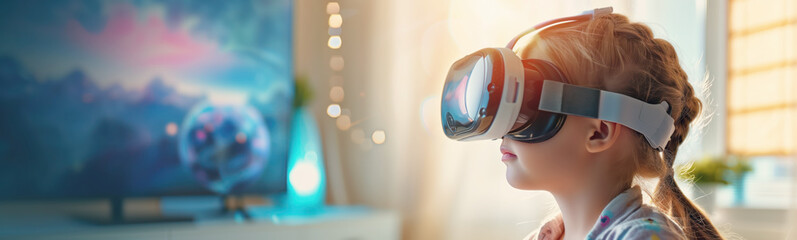 Child in virtual reality googles sitting indoors. Future innovation and knowledges concept.