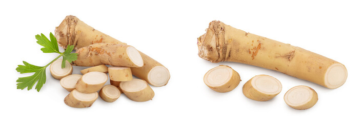 Horseradish root with slices and parsley isolated on white background
