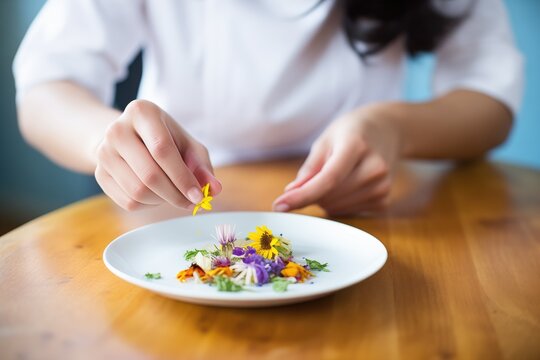student garnishing a dish with edible flowers