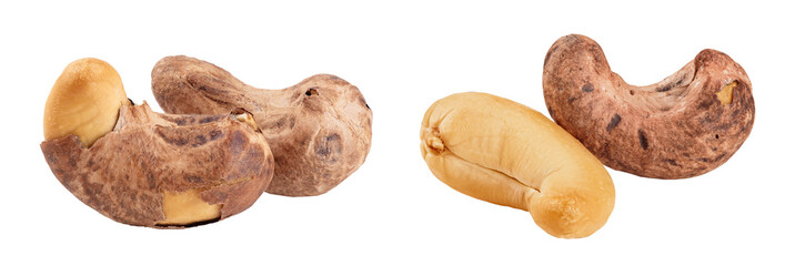 cashew nuts heap with shell isolated on white background