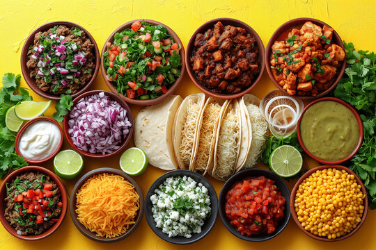 Mexican festive food, chiles en nogada, tacos al pastor, chalupas pozole, tamales, chicken with mole poblano sauce, top view, yellow background