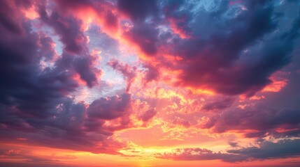 Sunset Sky Clouds in the evening with Red, Orange, Yellow and purple sunlight on Golden hour after sundown, Romantic sky in summer on Dusk Twilight - obrazy, fototapety, plakaty