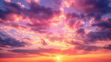 Sunset Sky Clouds in the evening with Red, Orange, Yellow and purple sunlight on Golden hour after sundown, Romantic sky in summer on Dusk Twilight - obrazy, fototapety, plakaty