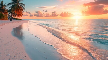 Sunset on the beach. Paradise beach. Tropical paradise, white sand, beach, palm trees and clear...