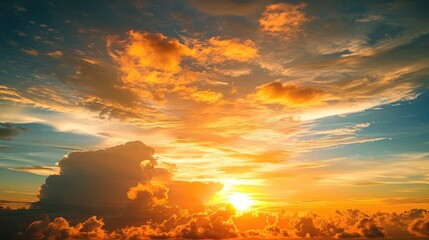 Sunset Sky on Twilight in the Evening with Orange Gold Sunset Cloud Nature Sky Background, Horizon...