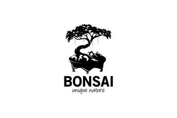 Unique natural bonsai tree logo design, abstract art tree vector silhouette