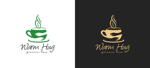Natural green tea logo design, vector symbol of hugging a cup of tea
