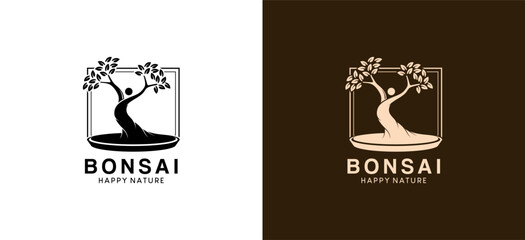 Unique and beautiful natural bonsai tree logo design, modern art tree silhouette