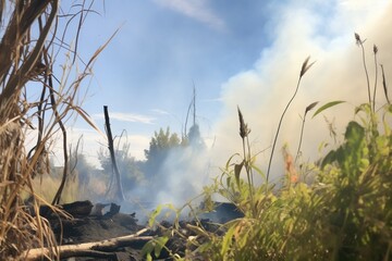 Obraz premium smoke and ash fallout on surrounding vegetation