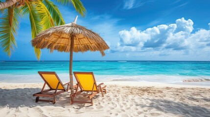 Fototapeta na wymiar Vacation holidays background wallpaper - two beach lounge chairs under tent on beach