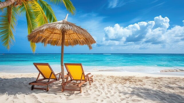 Vacation holidays background wallpaper - two beach lounge chairs under tent on beach