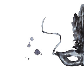 Watercolor black venetian carnival mask with ties and feathers, holiday decoration. Hand painted on paper, white background, for design, packaging, invitation, postcards