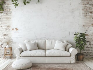 white wall in loft style house with sofa and accessories in the room
