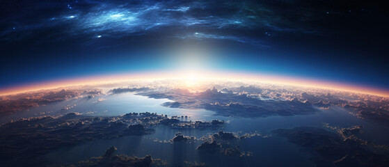Panoramic view of planet Earth, a breathtaking scene offering vast landscapes and celestial beauty,...
