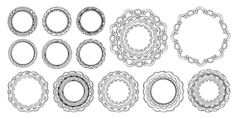Asian doodles set. Japanese ornament frame. Chinese ornament decoration. Asia culture symbols collection. Japanese traditional frames. Kimono ornament.