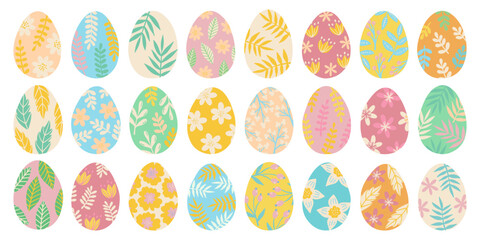 Easter eggs with floral ornaments set. Spring holiday symbol. Eggs flowers and leaves flat design. Colorful Easter eggs collection.