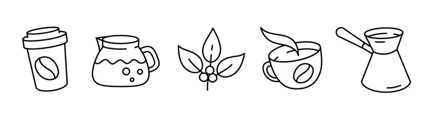 Coffee icon set. Editable outline stroke. Vector line open paths illustration.