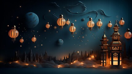 Enchanting night scene with lanterns and a palace amidst clouds.