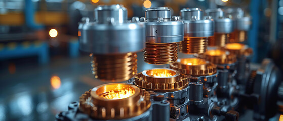 Close up of pistons in cylinder with four valves in a modern engine with gears nearby, generative ai.