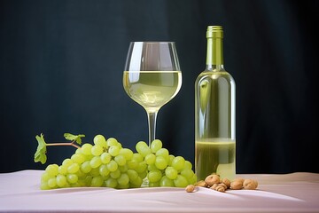 Fototapeta premium riesling wine glass with clear bottle and green grapes