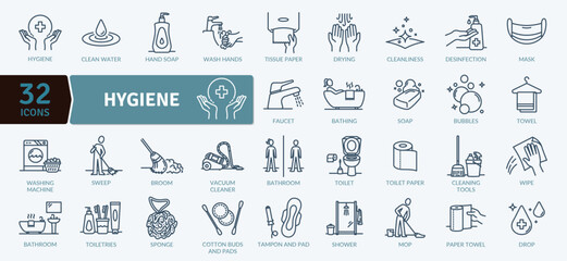 Hygiene icon collection. Conditions and practices that help to maintain health and prevent the spread of diseases.