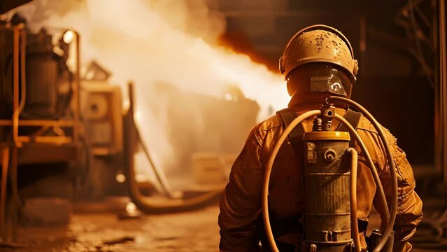 A shot of the sandblaster from behind, showing the tubes and hoses running from their protective suit to the sandblasting machine.