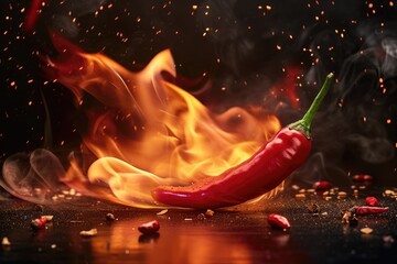 burning red hot chilli pepper in fire on dark black background - obrazy, fototapety, plakaty